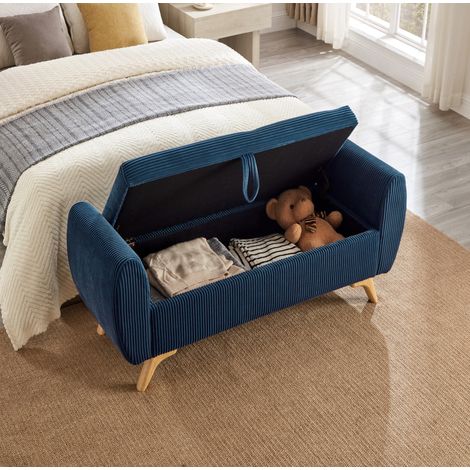 Banco de almacenamiento plegable de pana azul con patas de madera, 145 x 51 x 57 cm - CHICFURN (1/5)