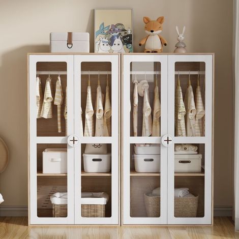 Lot de 2 armoires enfants 160×50×150 cm - 4 portes en acrylique - Avec tringles à vêtements - Étagères réglables - Blanc+naturel