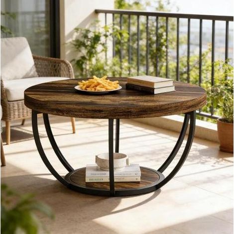 Table basse ronde 2 niveaux en bois d’ingénierie et métal finition rustique (1/5)