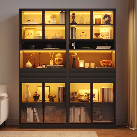 Lot de deux vitrines, 80 x 35 x 200 cm, en MDF, bibliothèque avec 8 portes vitrées, 2 tiroirs, éclairage LED, armoires hautes, caves à vin, vitrine pour salon, noir (1/5)