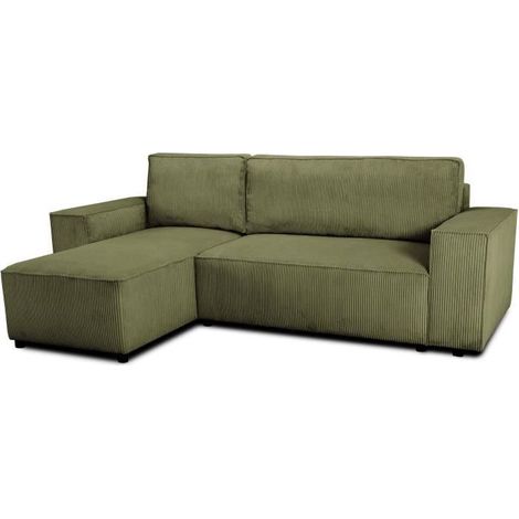 Canapé d'angle convertible réversible - 4 places - JOSH - Tissu velours cotelé - Kaki - Coffre - 242 x 155 x 86 cm (1/5)