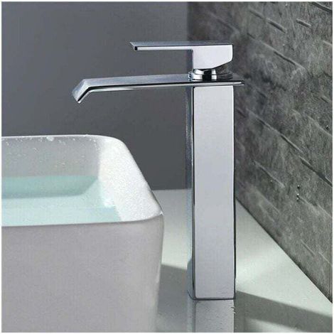 Robinet Salle de Bain Cascade Mitigeur de Lavabo Bec Haut Robinetterie pour Vasque Chromé Design Moderne. (1/4)