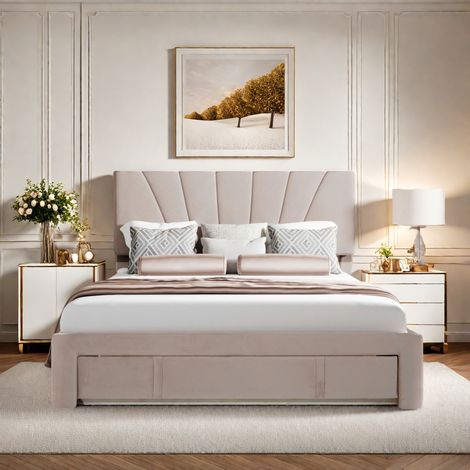 Cama tapizada 140 x 200 cm, Cama doble, Cama juvenil, con somier, respaldo y cajón grande, Tejido de franela agradable para la piel, Beige (1/5)