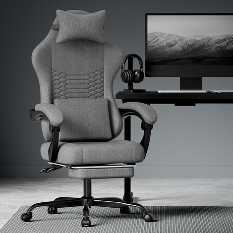 Fauteuil Gaming  Tissu Ergonomique avec Massage, Repose-pieds et Accoudoirs Liés Gris Foncé