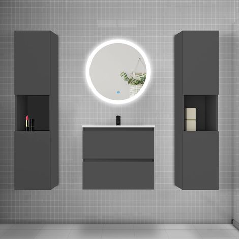 Ensemble meuble vasque L.60cm 2 tiroirs + lavabo + LED miroir rond 60cm + 2colonne,anthracite Aica