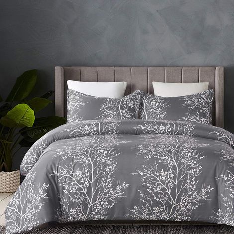 Parure de lit 3 pièces en Microfibre Douce, Motif imprimé Branches Florales Grises et Blanches – Très Grand lit 1 Housse de Couette et 2 taies d'oreiller (1/5)