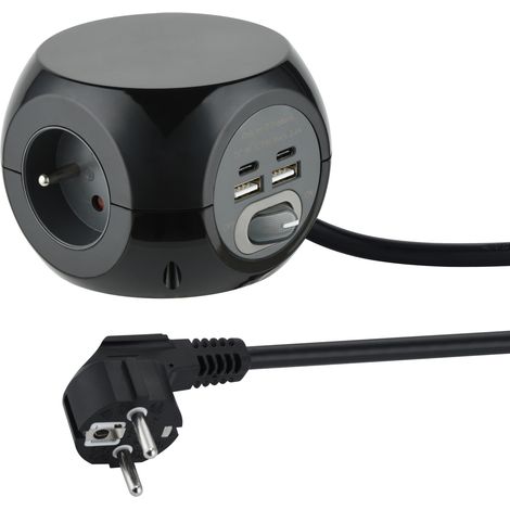 Mini Cube avec 4 Ports USB 3.4A (2 type A + 2 type C), Bloc 3 Prises avec Interrupteur, Rallonge Multiprise 3M