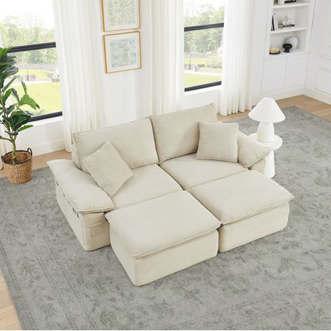 Modulares Cloud-Schlafsofa 2-Sitzer mit Fußhocker, Aufbewahrungstaschen, ohne Montage, beige (1/5)