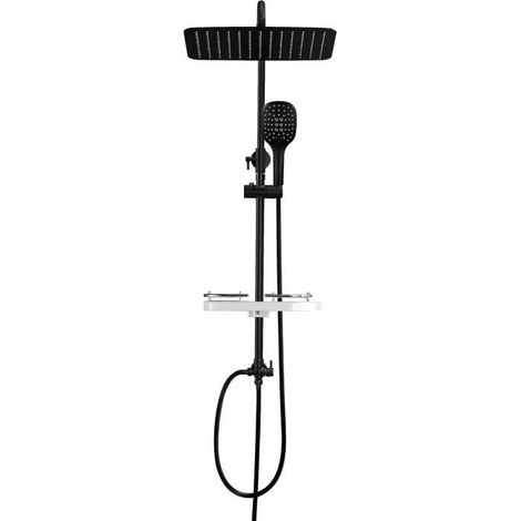 Görbach – Colonne de douche sans robinetterie noir mat – Tablette intégrée – Douchette 3 jets – Idéale pour rénovation – Grande tête pluie rectangulaire 35x25 cm