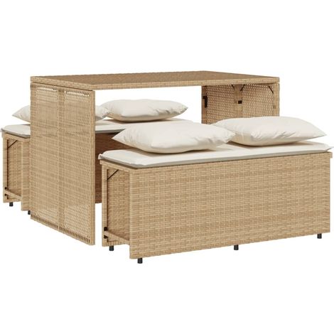 Gartenessgruppe mit 3 Kissen Beige Poly Rattan