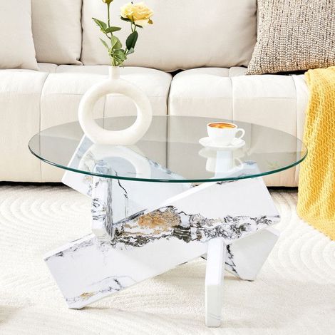 Table basse ronde - - Verre trempé - Imitation marbre blanc - Design croisé (1/5)
