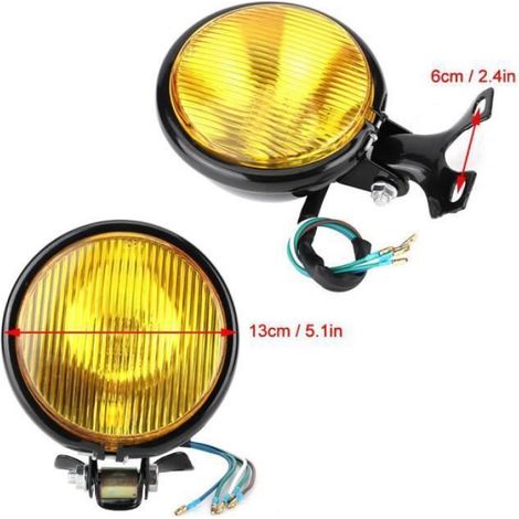 Phare Rétro - Pour Moto Universelle - Feux Route Et Croisement - Verre Jaune - Coque Noire - 1 Pièce (1/4)
