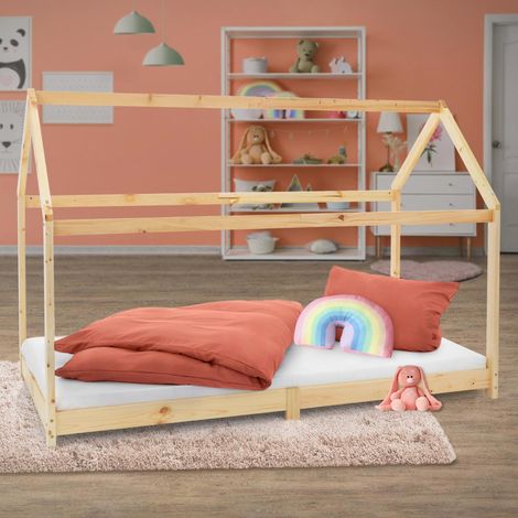 ML-Design Cama Infantil Casa Natural 90x200 cm de Madera de Pino con Techo y Somier Estructura de Listones, Cuna de Suelo Maciza en Forma de Casita, Lecho de Juego Juvenil Mobiliario para Niño y Bebé (1/5)