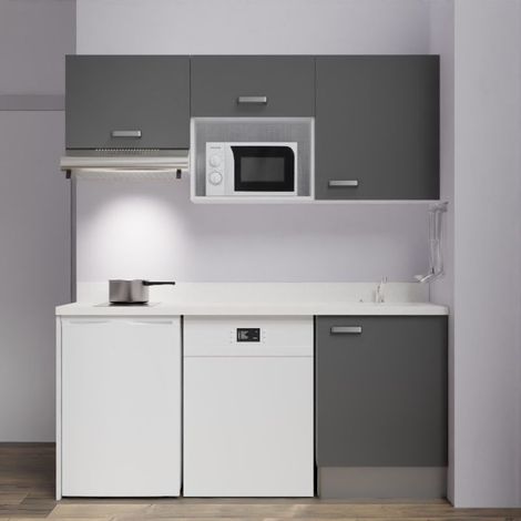 Kitchenette K55L - 180 cm - emplacements hotte, micro-ondes, frigo et lave-vaisselle-Gris-Snova-évier à droite