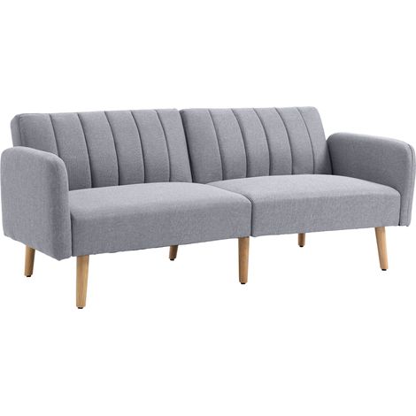 HOMCOM Canapé Convertible 2 Places Design scandinave Dossier inclinable 3 Positions Pieds Bois Tissu Aspect Lin Gris