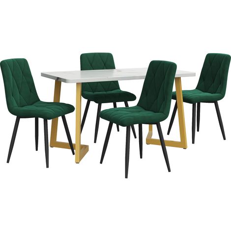 Ensemble de salle à manger 5 pièces avec table rectangulaire 117x68 cm en MDF blanc et 4 chaises en velours vert sapin (1/5)