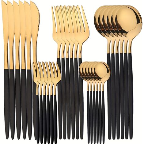 Un élégant service de couverts de luxe 30 pièces en acier inoxydable – Comprend un couteau, une fourchette, une cuillère, une cuillère à dessert et une fourchette à dessert pour 6 personnes – Finition (1/5)