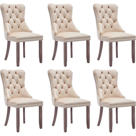 Set of 6 Modern Velvet Dining Chairs with Button Tufting,Brushed Wood Legs,Riveted Trim,and Knocker Ring-Stylish Beige Kitchen Lounge Chairs for Dining and Living Rooms (1/5)
