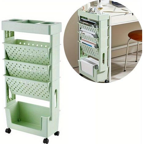 Boîte de rangement à roulettes à 5 niveaux, pour livres, bibliothèque de classe, pour salle d'étude, chambre, salon, salle de bain (1/5)