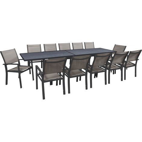 Salon de jardin repas extensible "Lagos" - 200/320 x 105 x 76 cm - 12 chaises - Taupe (1/4)