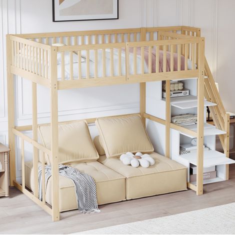 MODFU – Cama alta 140x200 cm de pino macizo con escalera de almacenamiento, barandillas de seguridad y 15 lamas – Natural (1/5)