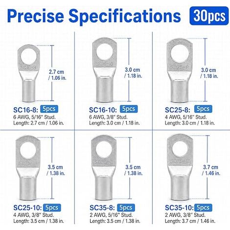 Tinned Copper Lugs, 16-35mm² Tinned Copper Grommet Electrical Terminals, Non-Insulated Battery Terminals, Cable Connectors for Automotive, Electrical Systems (1/4)