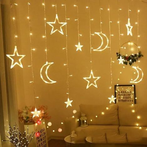 Garden Highlights - Guirlande lumineuse étoiles et lune, guirlande de Noël à piles, 120 LED, guirlande lumineuse Ramadan, 2 modes d'éclairage, guirlande lumineuse étoiles étanche (1/5)