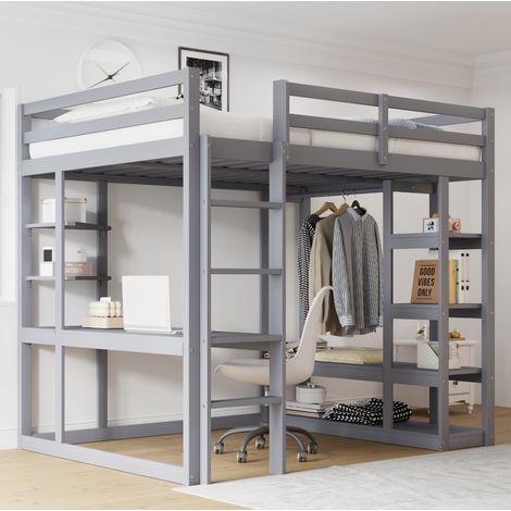 Cama alta juvenil con escritorio y almacenaje gris OKMYHOME (1/5)