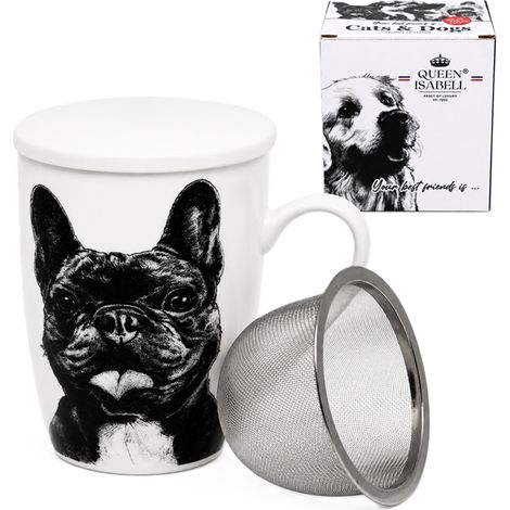 Tazza con infusore a forma di bulldog francese da 350 ml, design Queen Isabell, ideale come regalo per gli amanti dei cani. (1/5)