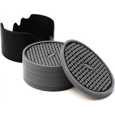 Set of 6 grey silicone coasters, 10 cm in diameter, with holders - deep, absorbent grooves, perfect for hot and cold drinks (1/5)