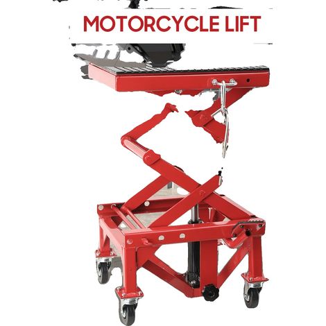 Elevador de motocicletas, altura máxima 905 mm, altura mínima 350 mm, capacidad de carga 350 lbs, construcción de acero resistente, 2 ruedas con freno. (1/5)