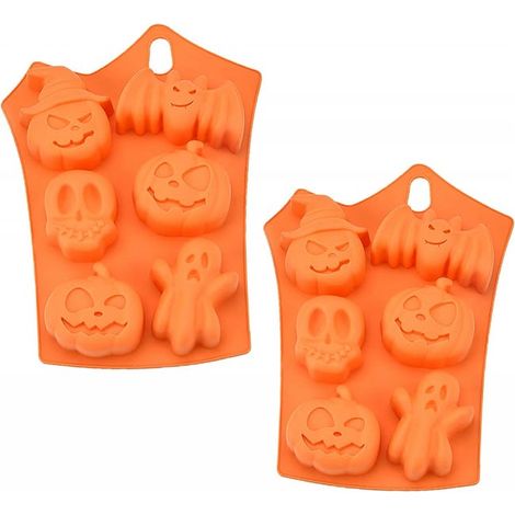 Juego de 2 moldes de silicona para pasteles de Halloween, 6 agujeros, murciélago, calabaza, cara, calavera, fantasma, chocolate, azúcar, manualidades, molde (1/5)