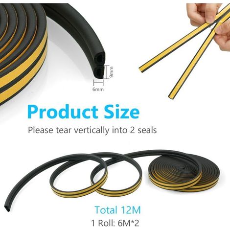 Striscia di tenuta a profilo a D per porte e finestre, con forte adesione, isolamento acustico, antiurto e resistente agli agenti atmosferici, 9 mm x 6 mm (nera, 12 m) (1/4)