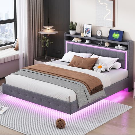 Cama tapizada 160x200 cm gris, tela tipo lino con USB y luces LED (1/5)