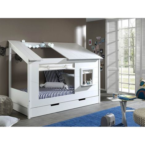 Pack - Lit Cabane Enfant, Rideaux & Tiroir "Housebed II" 90x200cm Blanc (1/3)