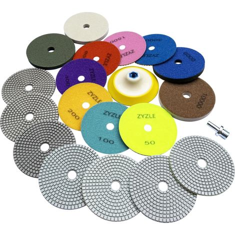 Set de 11 disques diamant pour polissage humide, grains 50 à 10000, pour granit, marbre, carrelage, béton. Inclut plateau M14 et adaptateur pour meuleuse d'angle et perceuse (125mm) (1/5)