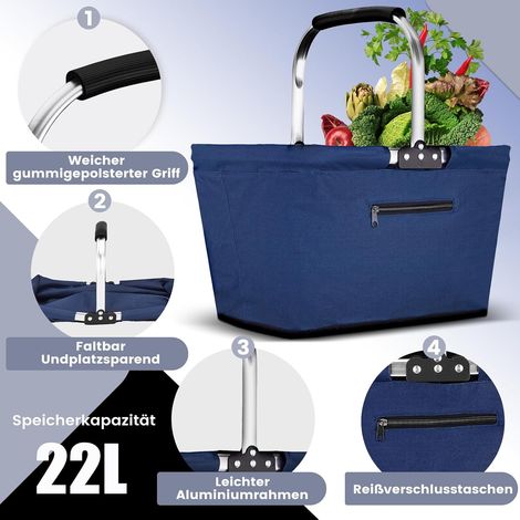 Faltbarer Einkaufskorb (22 l) mit gepolsterten Griffen – Große Picknicktasche und praktische Tragetasche für Familie, Reisen, Einkäufe und Geschenke (Blau) (1/4)