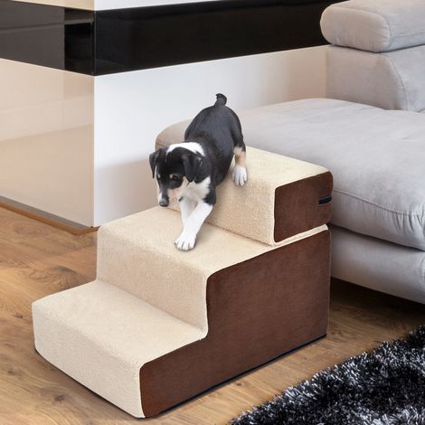 Escaleras para mascotas PawHut, escaleras para perros y gatos, 3 peldaños, felpa beige, 54 x 40 x 39 cm. (1/5)