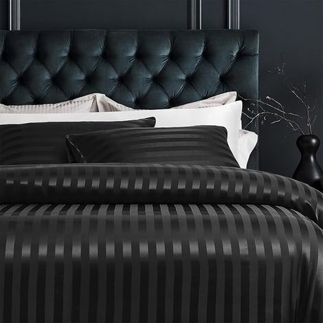 Satin Duvet Cover 220 x 240 cm, Black, Striped, Satin Silk Bedding Set, Double Adult Bed Linen with Zip with Pillowcases 65 x 65 cm (1/4)