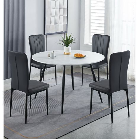 Hallowood Furniture Cullompton Large Round Dining Table and Chairs Set 4, White Marble Effect Kitchen Table and Chairs Upholstered in Black Faux Leather, Dining Room Sets for Home and Cafe (1/5)