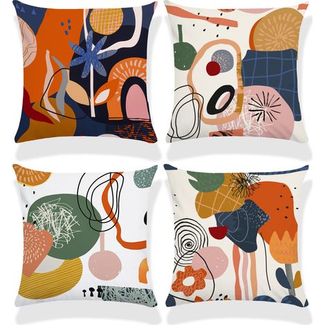 Lot de 4 housses de coussin décoratives en coton et lin, pour canapé, chambre, décoration d'intérieur, 45 x 45 cm (Graffiti) (1/5)