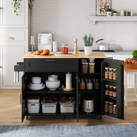 Îlot de cuisine mobile noir et effet chêne 132,5 x 44/70 x 90 cm, plateau rabattable, rangements réglables et 5 roulettes (1/5)