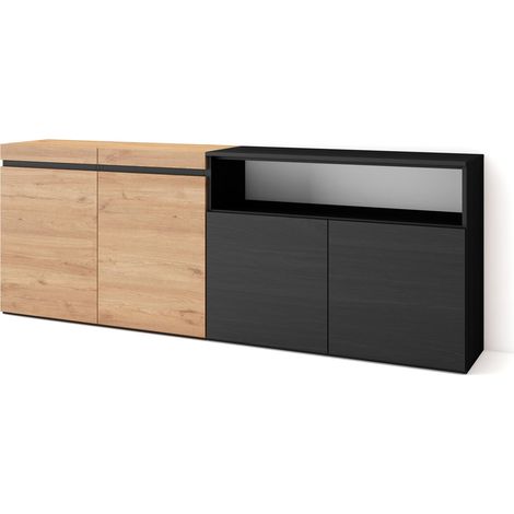 Skraut Home - Buffet salon et cuisine, Meuble de Rangement, Commode, 200x75x35cm, 4 Portes, Meuble chaussure, Style moderne, Chêne et noir (1/5)