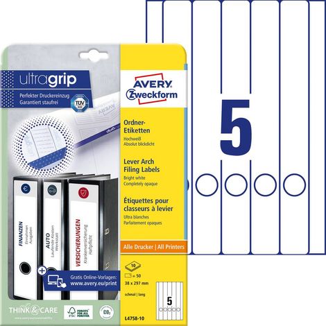 Avery-Zweckform Etiquette pour classeur L4758-10 38 x 297 mm papier blanc fixation permanente 50 pc(s) (1/4)