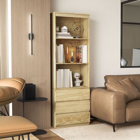 Bibliothèque haute de 180 cm avec 3 étagères et 3 tiroirs dim. 60L x 35l x 180H cm Panneaux Particules effet bois (1/5)