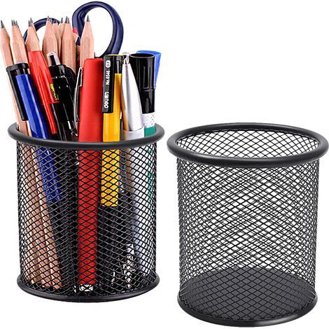 Lot de 2 porte-stylos pour bureau - Organisateur de bureau en maille - Pot à crayons - Fournitures de papeterie pour bureau, maison, salle de classe (Noir-cercle)
