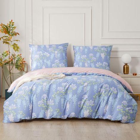Bettwäsche-Set 200x200 cm Lila Blumen 100% Baumwolle 3-teilig mit Reißverschluss