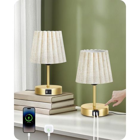 Lampe de Chevet Tactile Dimmable Lot de 2, avec USB et Ampoule LED à Intensité Variable Abat-Jour Ondulé, Culot E27, pour Table de Chevet, Bureau, Chambre, Doré et Beige (1/5)
