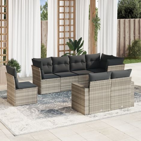 Salon de jardin 8 pcs avec coussins gris clair résine tressée (1/3)