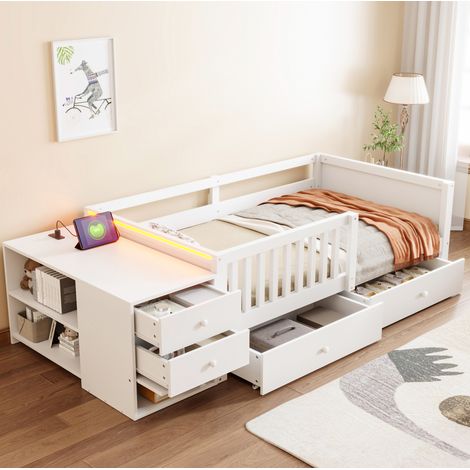 Cama infantil 90x200x62.3 cm con almacenaje independiente, enchufe, luz LED, madera blanca (1/5)